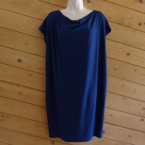 Eileen Fisher Navy Blue Bonnet Drape Front Jersey Cap Sleeve Above Knee Dress S - Picture 2 of 11